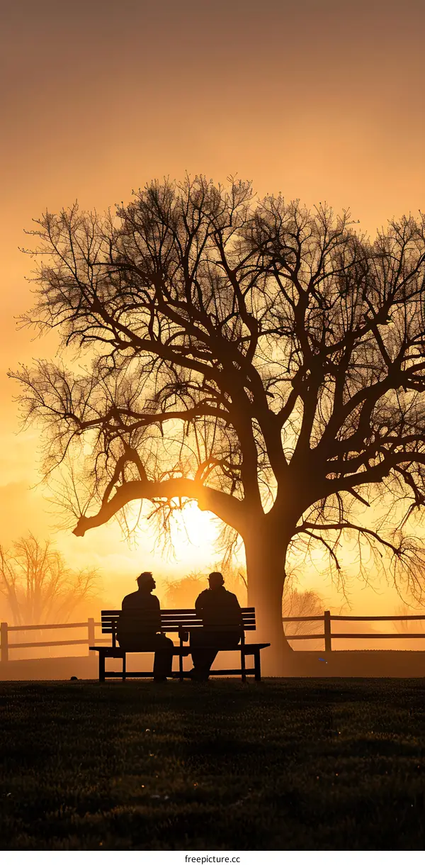 Two Silhouettes Sitting On A Bench Under A Tree At Sunset