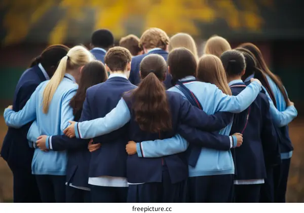 A group of diverse high school students embracing each other outdoors