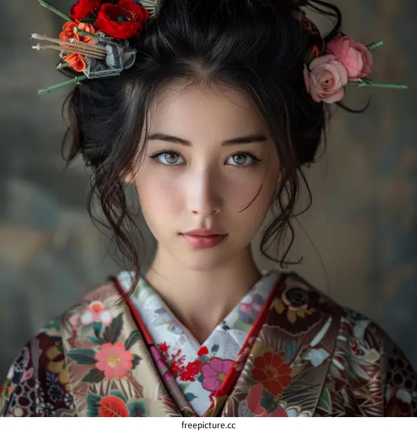 Portrait of a beautiful Asian woman in traditional Japanese kimono with flowers in her hair