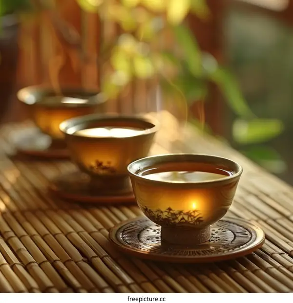 Chinese tea served in traditional teacups on a bamboo table