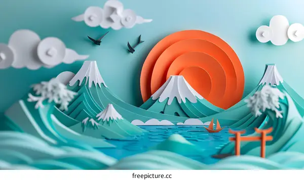 Paper cut out illustration of Mount Fuji and ocean waves with a boat and birds