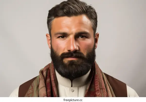 Portrait of a handsome young man with a beard wearing a brown vest and a red scarf.