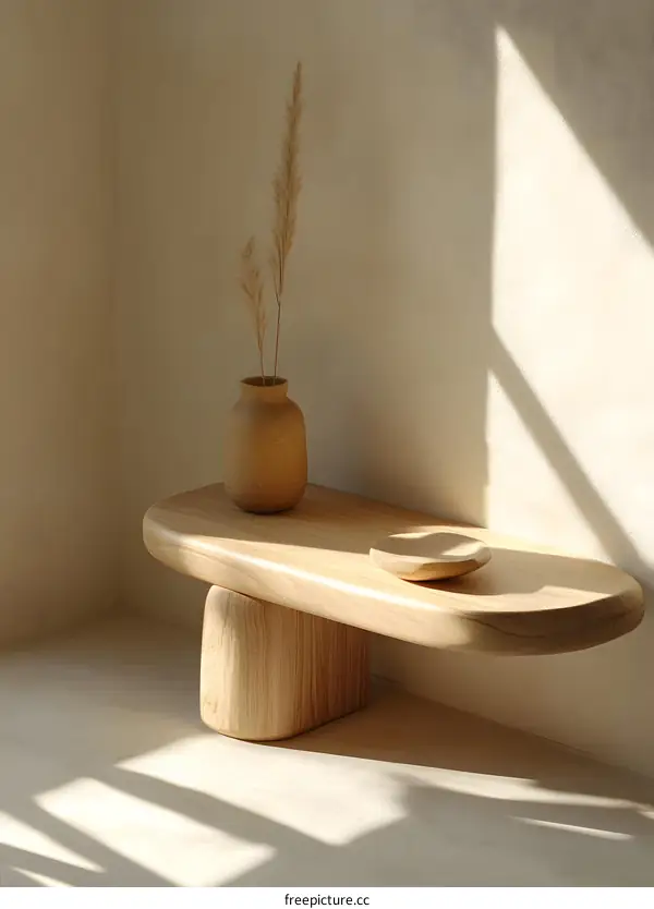 Wooden Table with Vase and Dried Flowers in Minimalist Interior