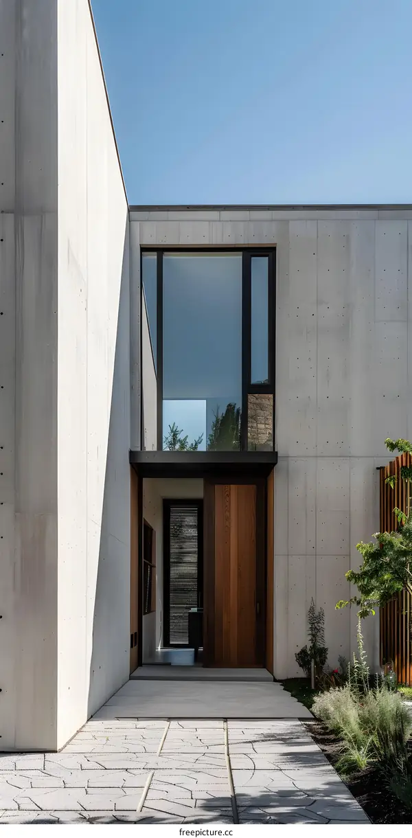 Modern Concrete House with Wooden Door and Large Windows
