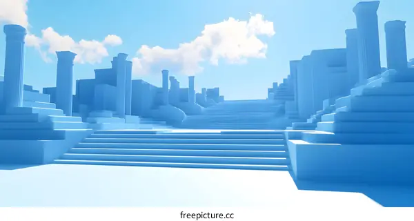 Blue 3D Rendered Cityscape with Steps and Columns