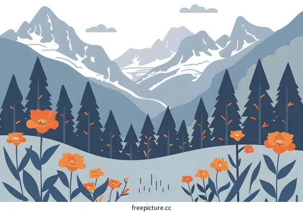 Mountain Landscape With Flowers and Forest