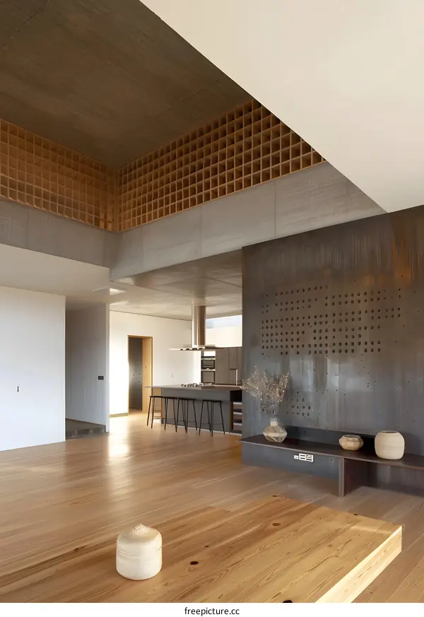 Modern Minimalist Interior Design with Concrete Ceiling and Wooden Floor