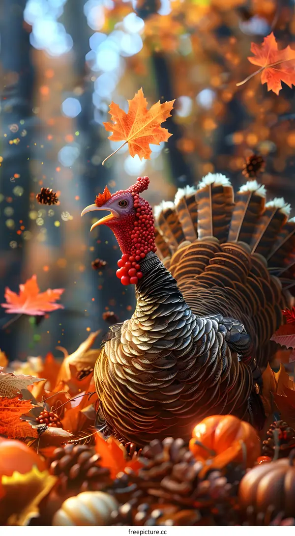 A turkey standing in a field of fallen leaves and pumpkins