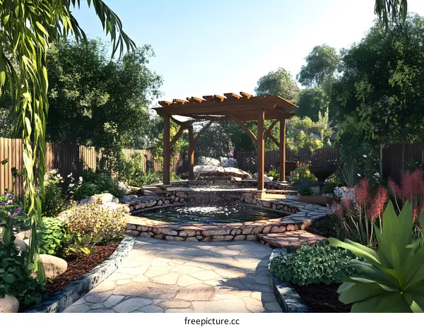 Backyard Oasis with Wooden Pergola and Stone Waterfall