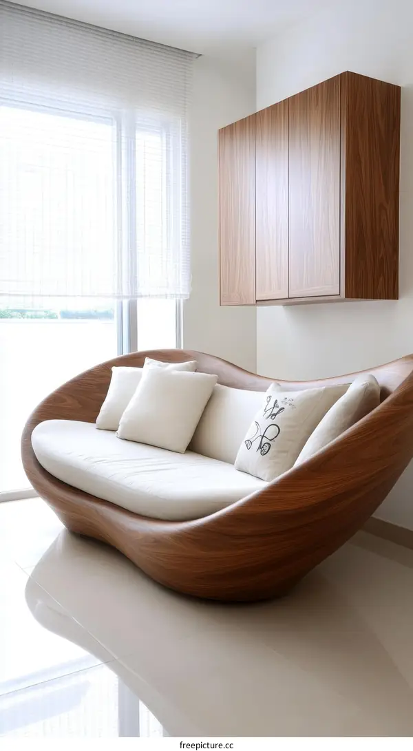 Modern Wooden Sofa in a Bright Living Room