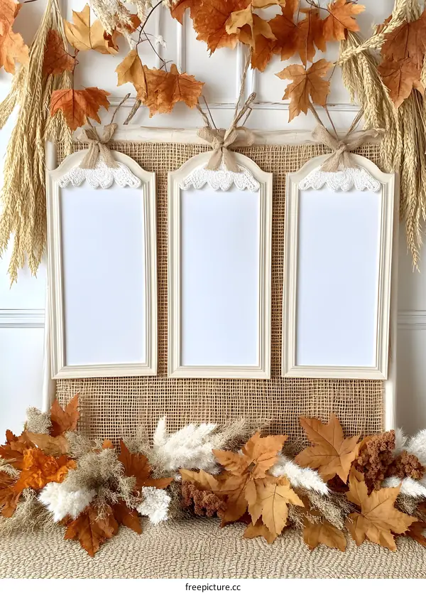 Three Empty White Frames with Fall Decor