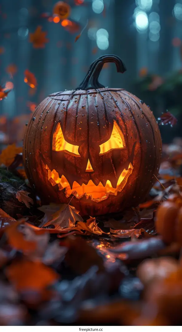 Halloween Pumpkin Glowing in the Spooky Forest
