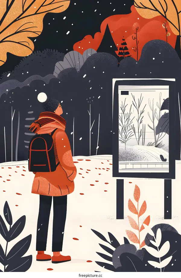 Woman Looking at Snowy Landscape Illustration