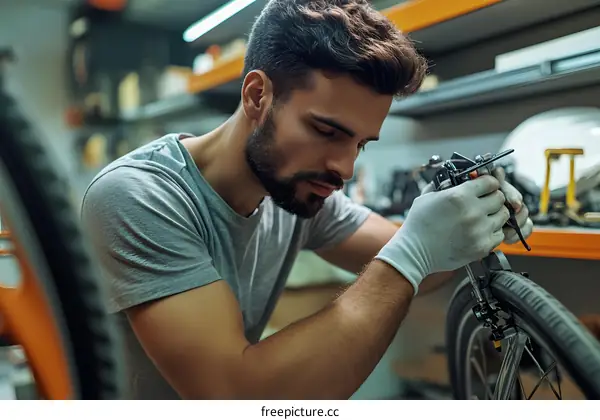 Man Repairing Bike In Workshop