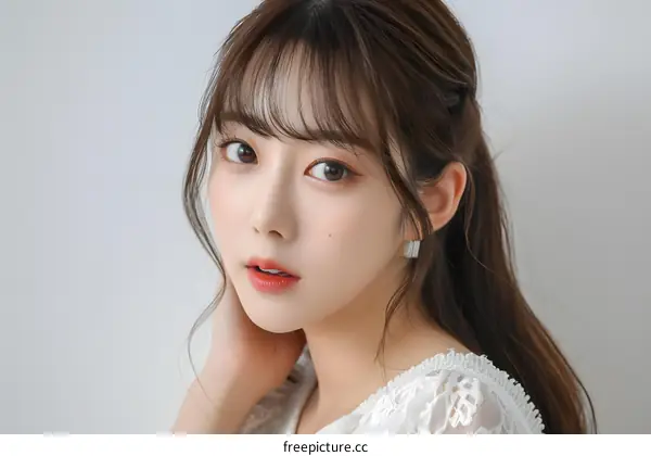 Portrait of a Young Asian Woman with Long Brown Hair Wearing a White Lace Blouse