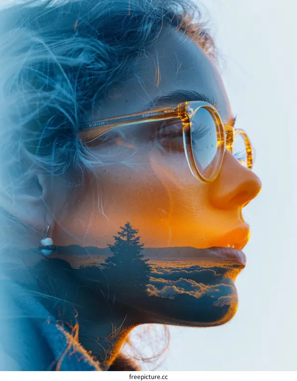 Portrait of a woman with double exposure of a sunset