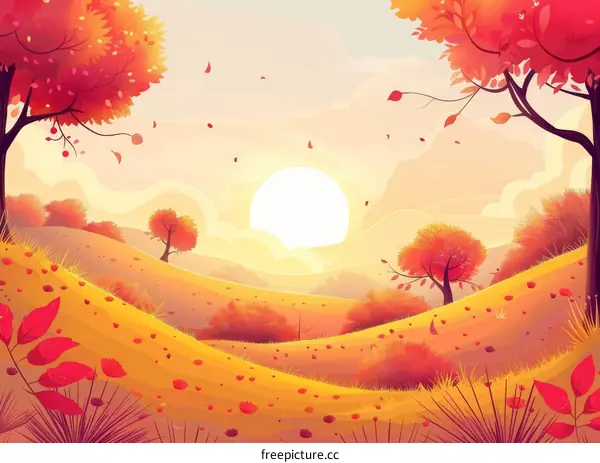 Autumn Landscape with Sun and Falling Leaves