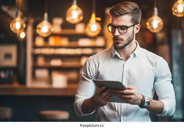 Businessman Using Tablet in Cafe