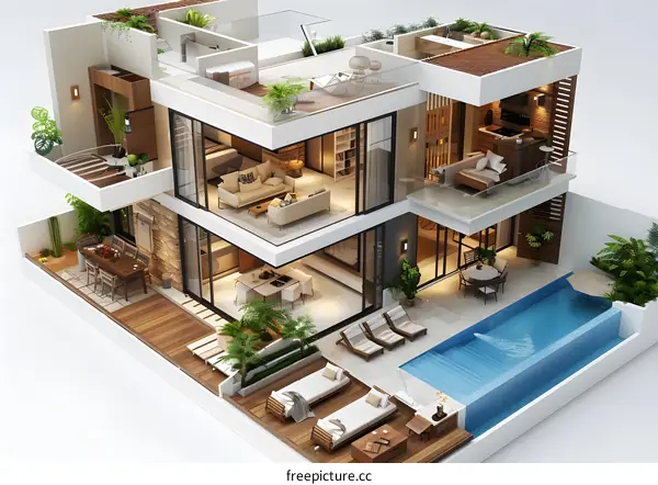 A 3D rendering of a modern villa with a pool