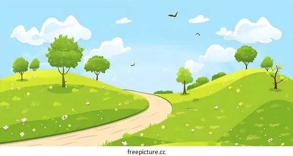 Cartoon Illustration of Winding Country Road with Lush Green Hills and Blue Sky