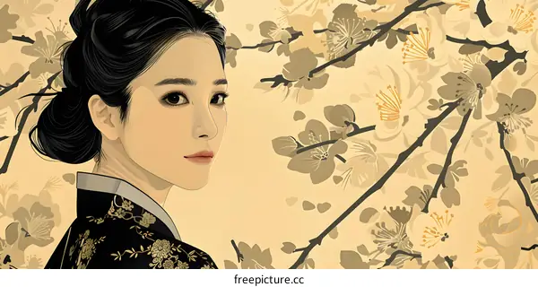 A digital painting of a beautiful woman in a traditional Korean dress, looking back over her shoulder.