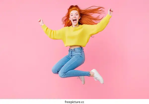 Excited Caucasian Woman Jumping in the Air
