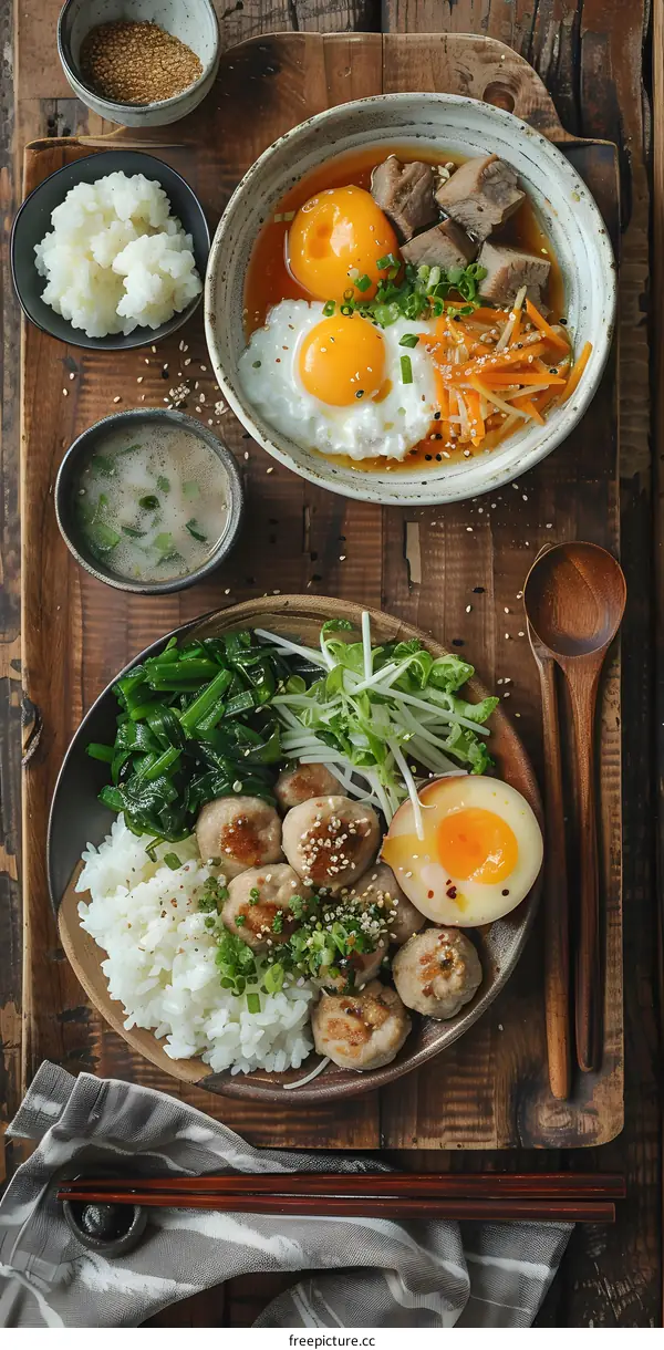 Delicious Japanese Food with Meatballs, Eggs, and Rice
