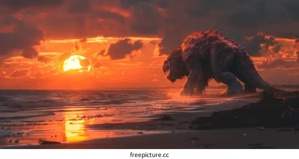Gigantic Spinosaurus Dinosaur Walking Along The Beach At Sunset