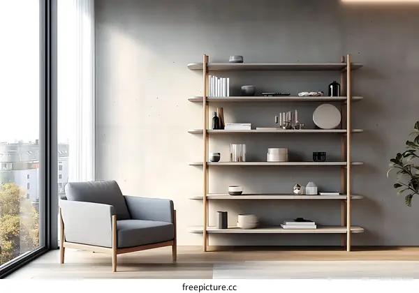 Modern Concrete Wall Shelving Unit with Armchair