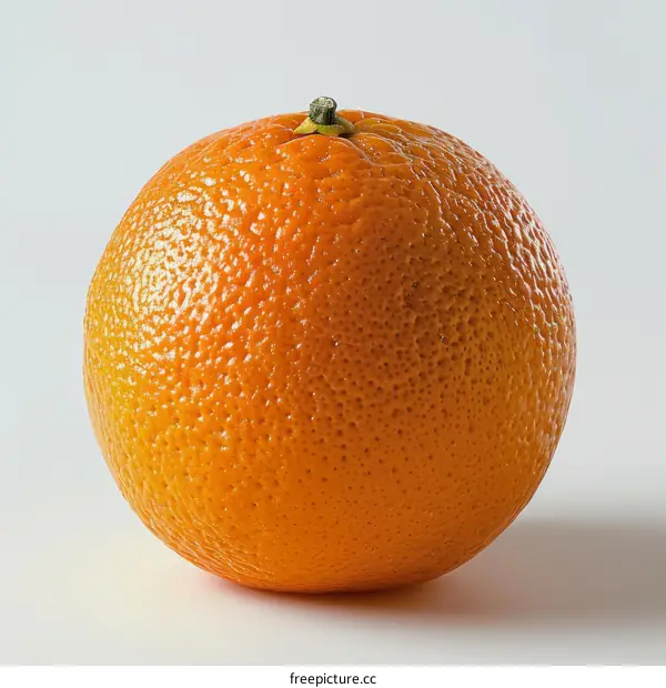 A photo of a single orange sitting on a white table with a white background.