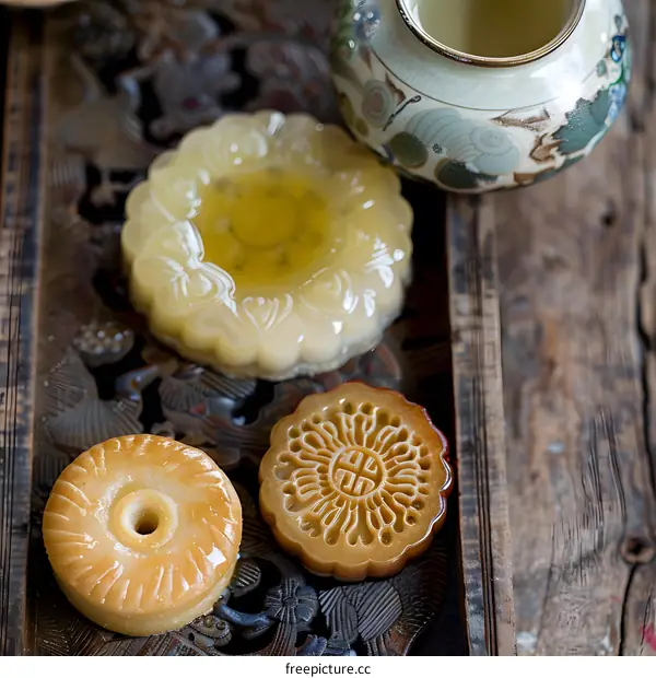 Traditional Chinese Mooncakes and Teapot on Wooden Tray