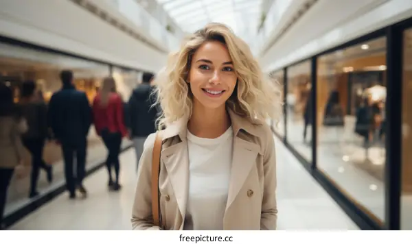 A young woman with blonde hair smiles at the camera while walking through a shopping mall