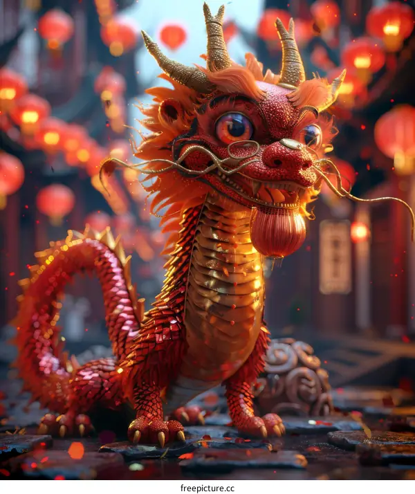 Chinese Dragon and Lion Dance Performance and Colorful Lanterns on the Street