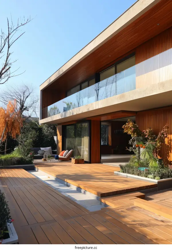 Modern Courtyard House with Cantilevered Terrace and Deck