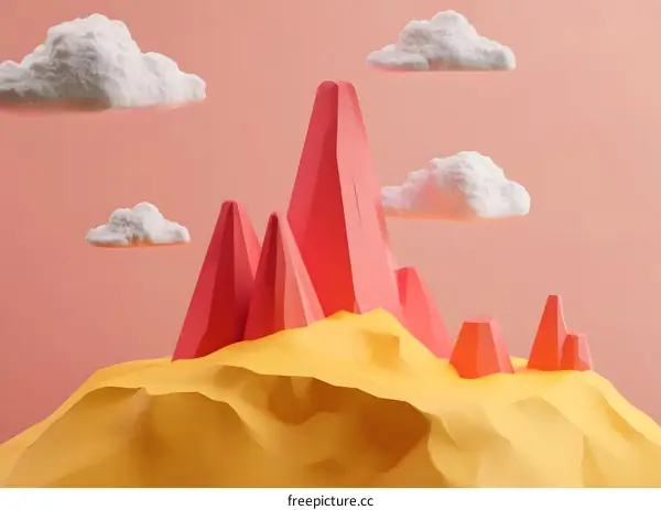 Abstract Mountain Landscape with Clouds in Pink and Yellow Color Palette