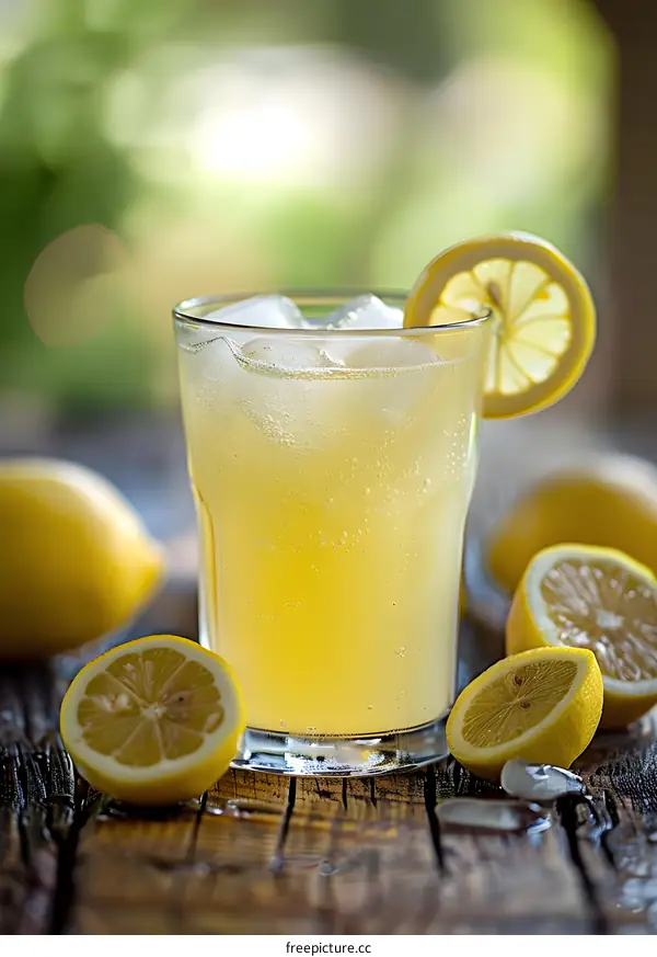 Refreshing Lemonade Drink with Ice and Lemon Slice