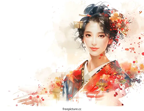 Portrait of a young woman in a red kimono