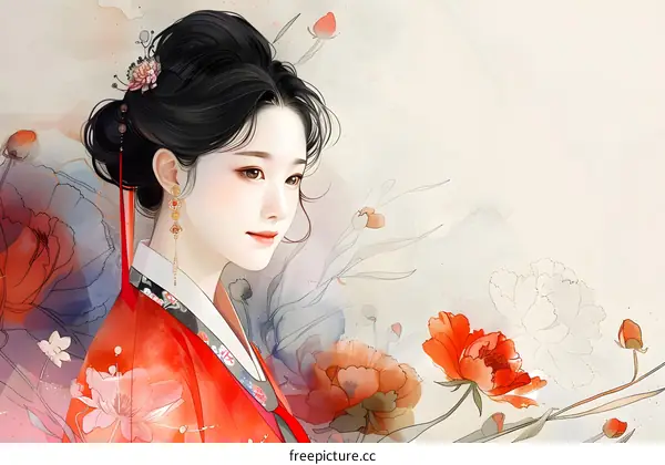 A beautiful Chinese woman in traditional red dress with peony flowers