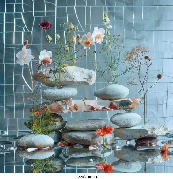 Still life with stones, glass and flowers