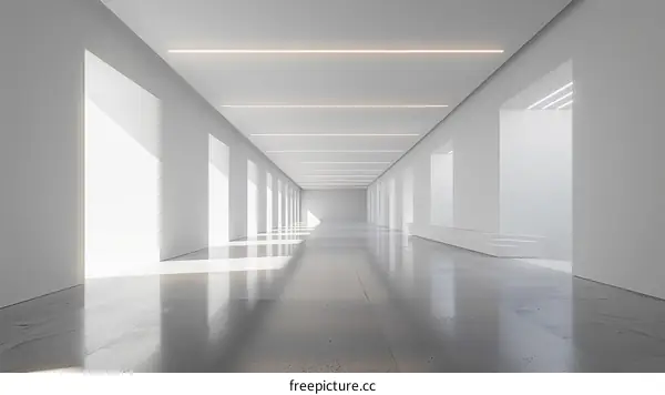 Bright white empty room with concrete floor and large windows