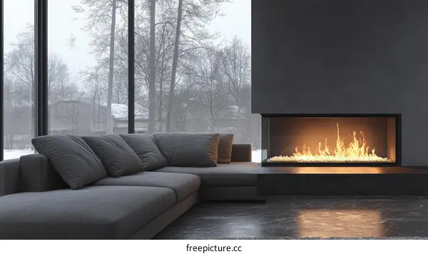 Modern Living Room with Fireplace and Snowy Landscape View