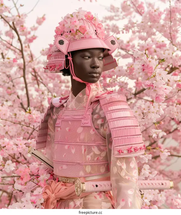 Black model in pink samurai armor stands in a field of cherry blossoms