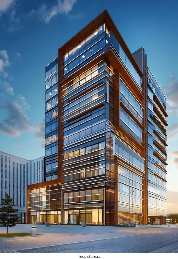 Modern Office Building with Glass Facade and Wooden Panels