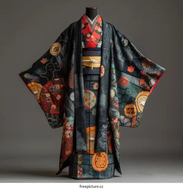 A kimono with a pattern of circles and squares.