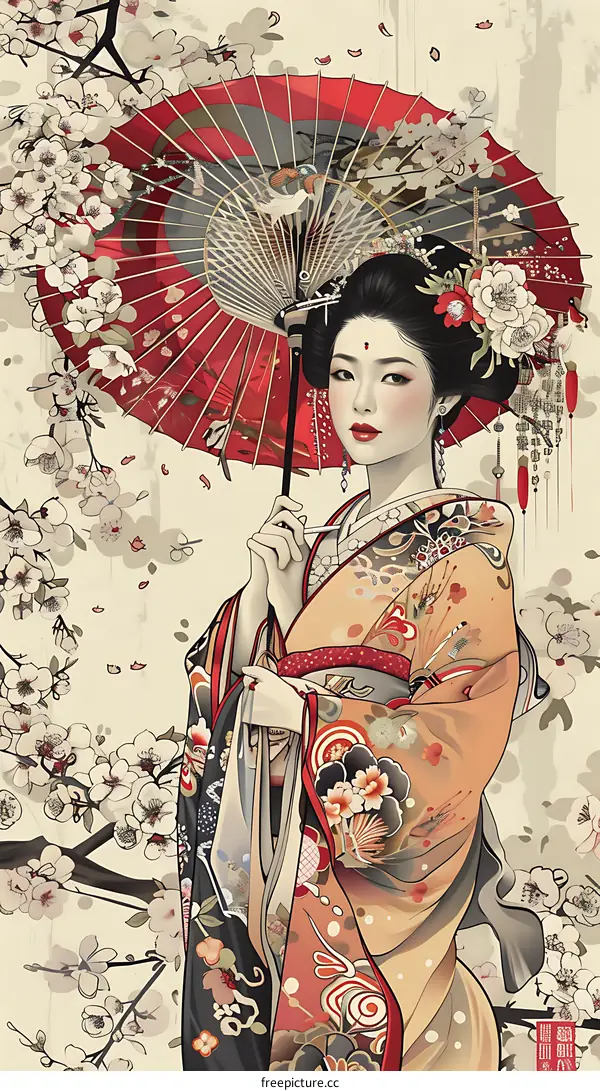 Japanese Woman in Kimono Holding a Red Umbrella with Cherry Blossom Background