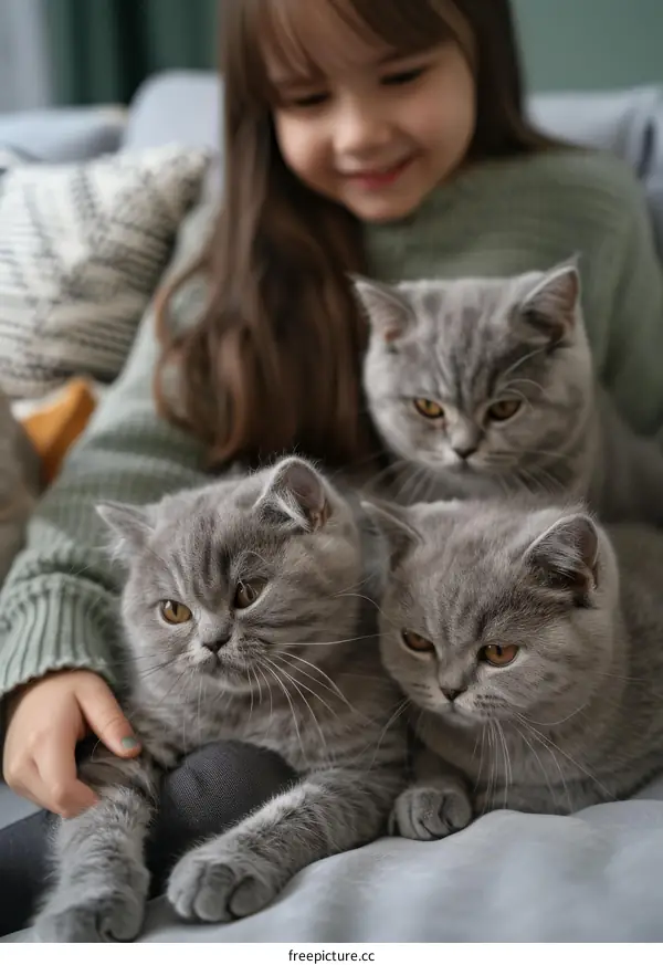 Little girl with British shorthair cats