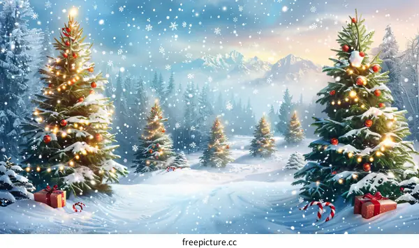 Christmas Winter Snow Scene with Xmas Tree and Traditional Decorations