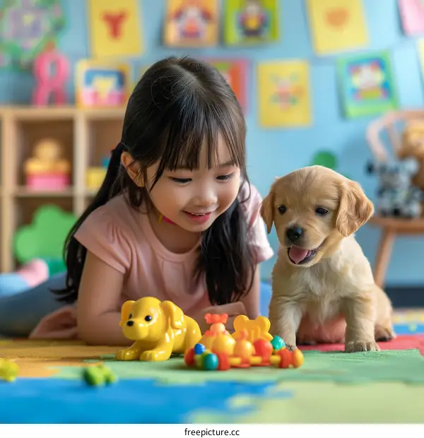 Asian toddler girl playing with a puppy