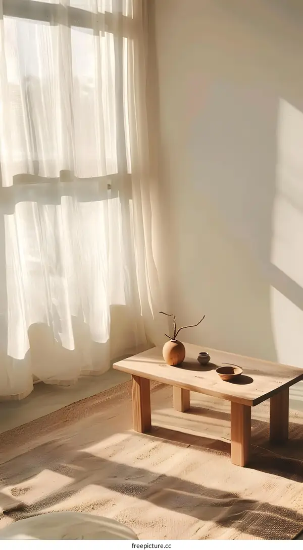 Wooden Table with Natural Light in Minimalist Room