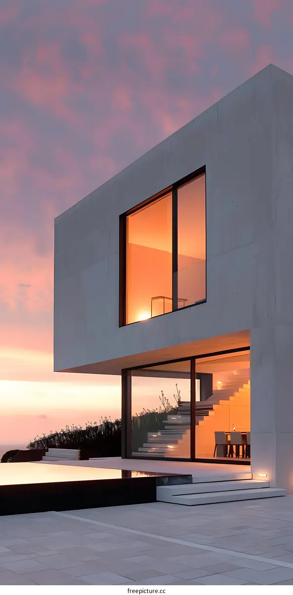 Modern House with Pool and Sunset Sky